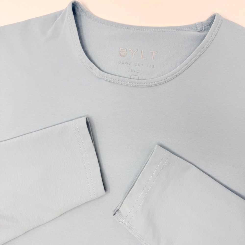 BYLT Drop Cut LS Lux Shirt Mens Large Light Blue Long Sleeve Curved Hem Crewneck